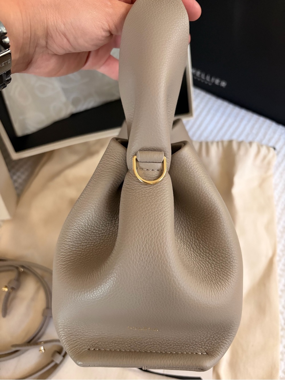 Polene Numero Neuf Mini Taupe grains leather top handle shoulder crossbody EUC - Picture 16 of 16